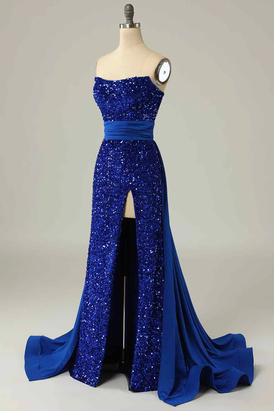 Mermaid Strapless Sequins Slit Long Prom Dress