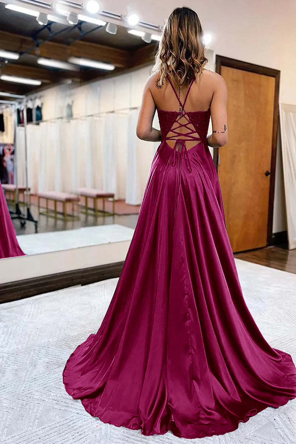 A-Line Appliques Satin Prom Dress with Slit