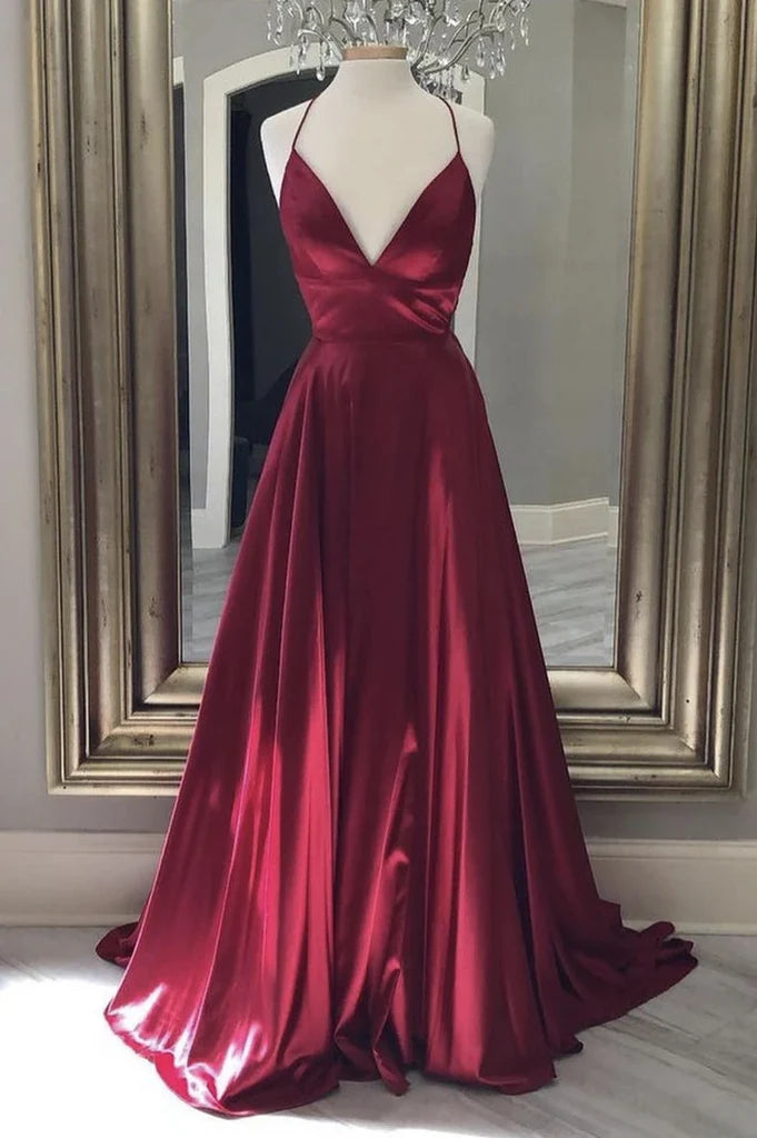 A Line V Neck Satin Backless Long Prom Dresses