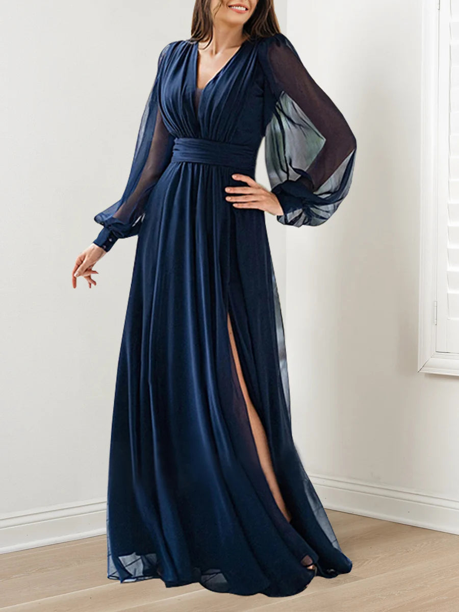 A-Line V Neck Long Sleeves Floor Length Mother Of The Bride Dresses