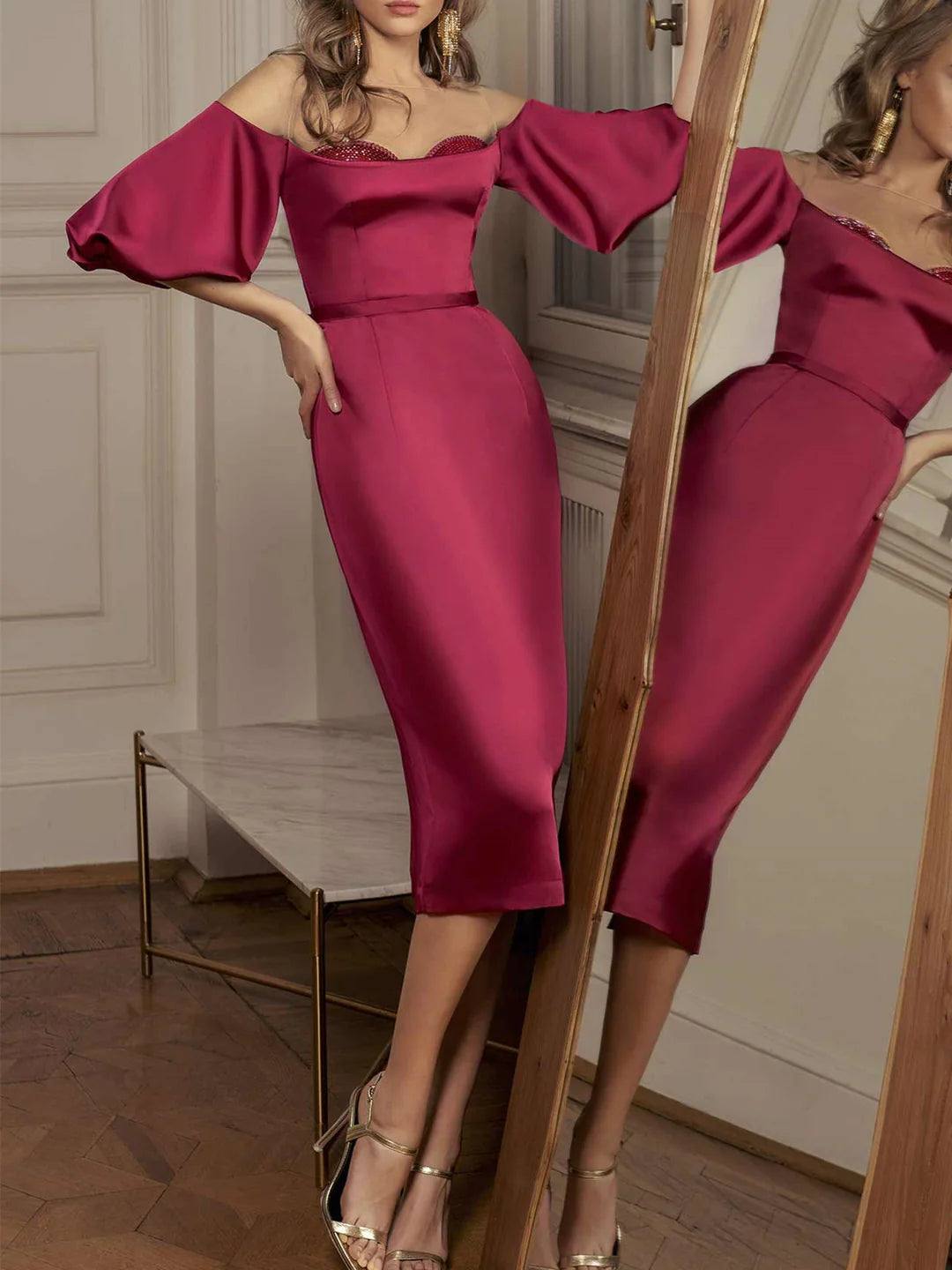 Etui-Linie Gerader Ausschnitt Halbarm Knielang Cocktailkleider