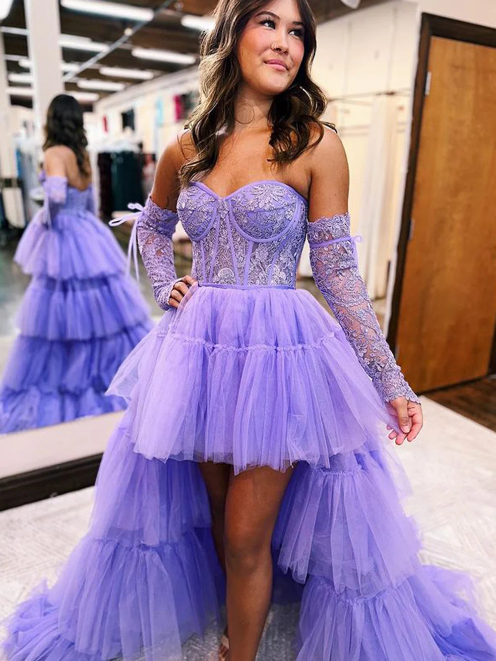 A-Line Strapless Tiered Tulle Prom Dress