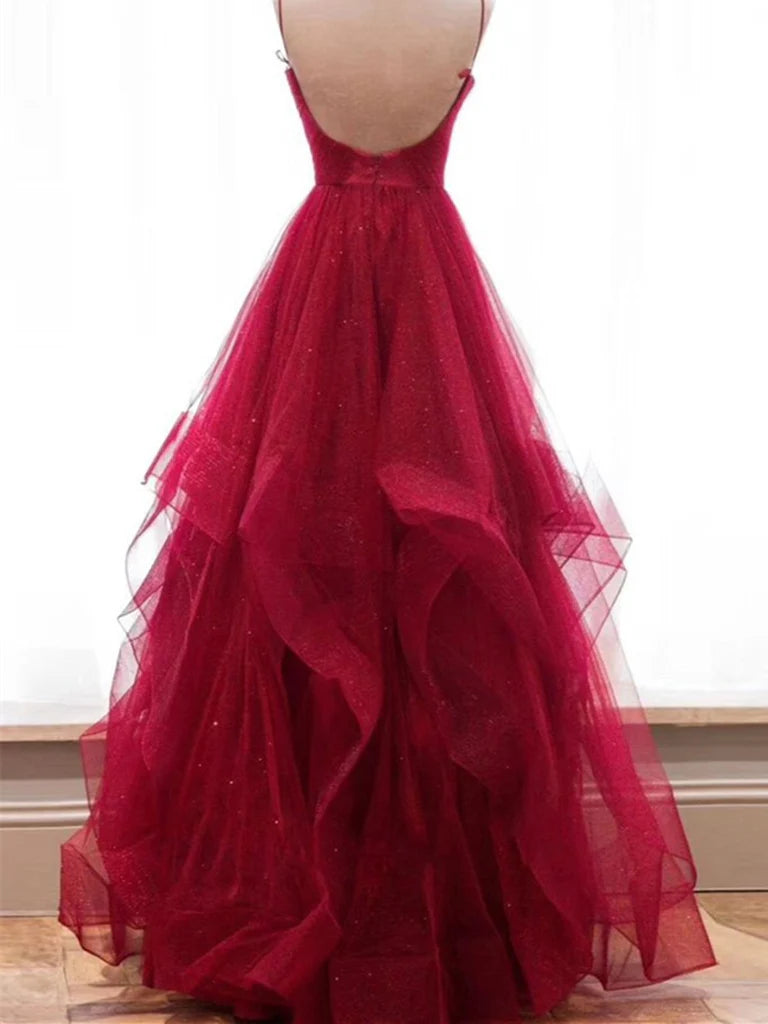 A-line V Neck Backless Prom Dresses Formal Evening Dresses