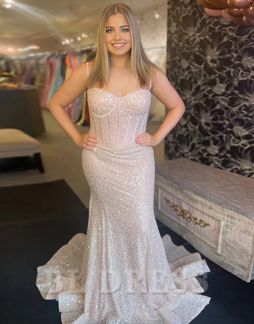 Mermaid Sparkly Sequins Spaghetti Straps Corset Pink Long formal dresses evening gown Prom Dress