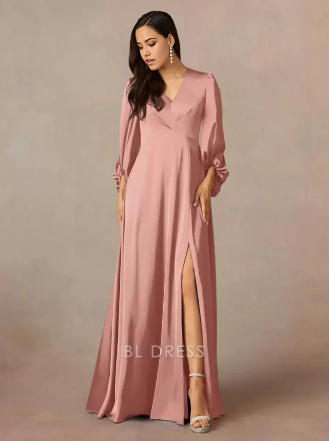A-Line V-Neck 3/4 Length Sleeves Pleated Floor-Length Wedding Guest Dresses Mother of the Bride Dresse