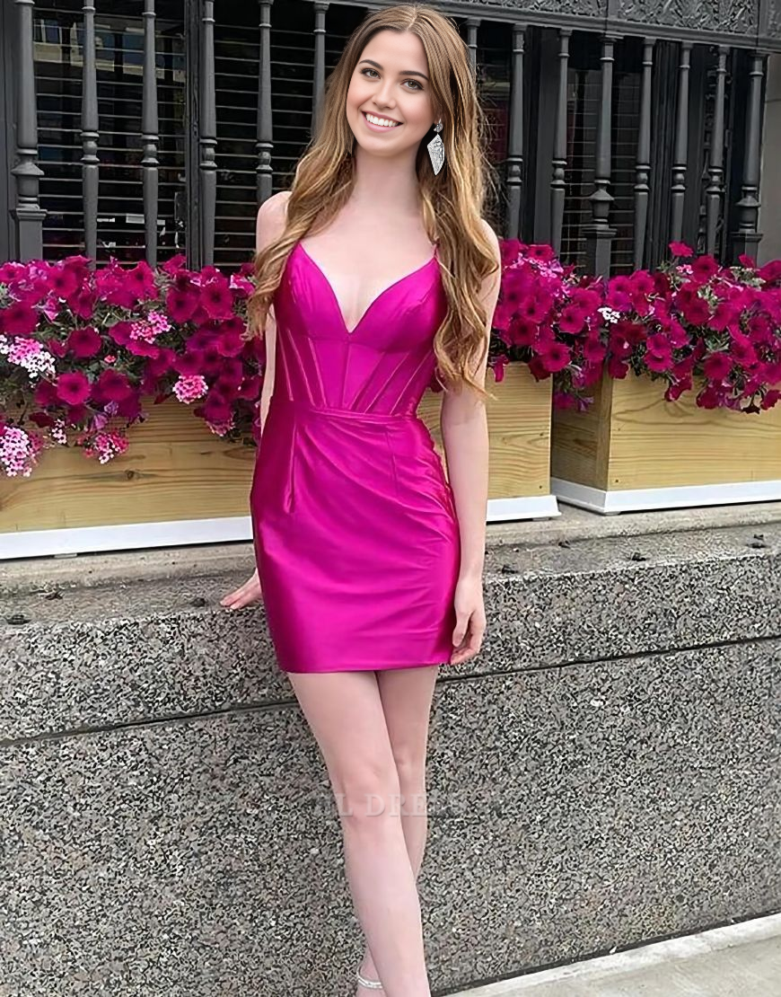 Etuikleid, schlicht, V-Ausschnitt, kurz, Satin, grün, Heimkehrkleid, formelle Kleider, Brautjungfernkleider, Abendkleid, Ballkleid