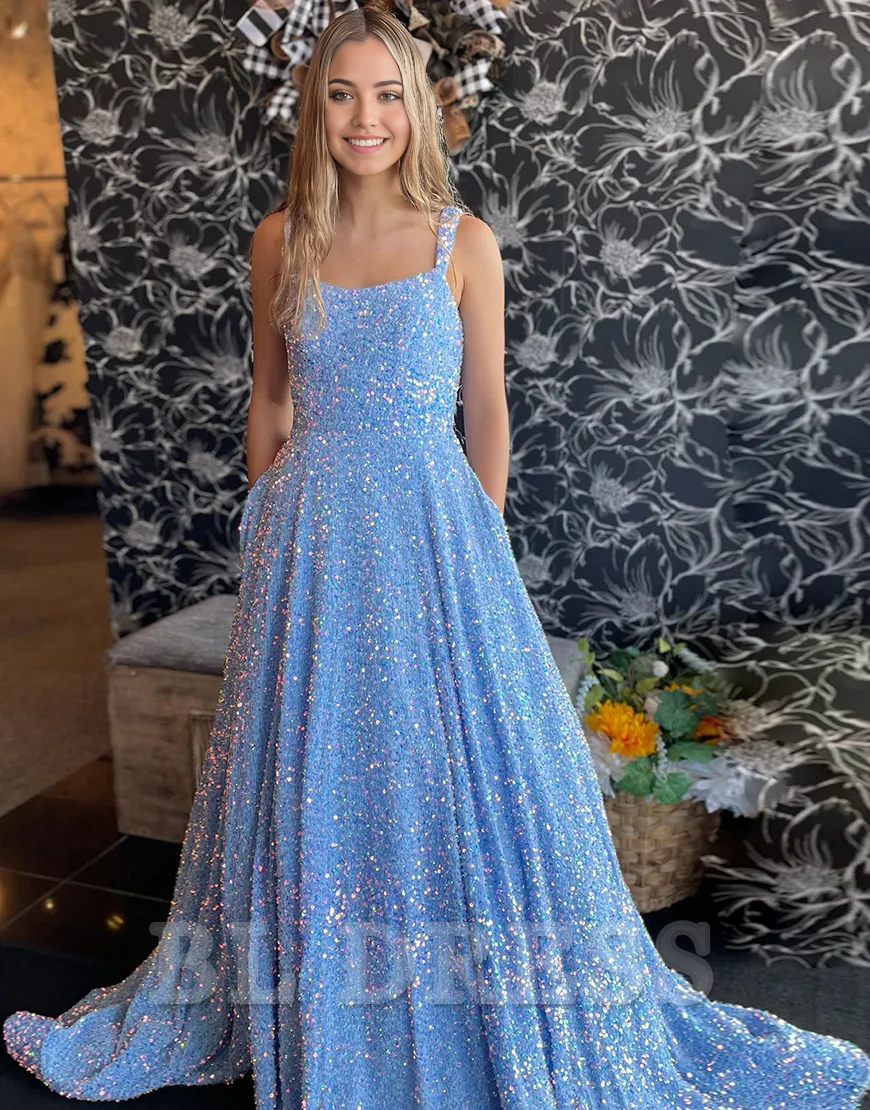 A-Line Sparkly Spaghetti Straps Sequins Blue Long formal dresses Bridesmaid Dresses evening gown Prom Dress