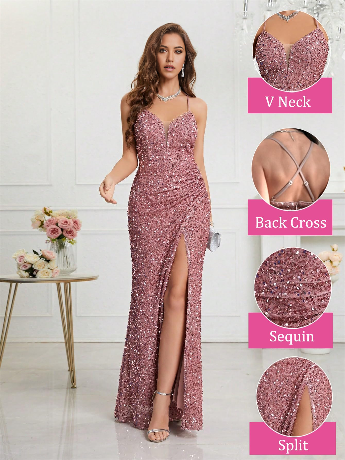 Mermaid V-Neck Spaghetti Straps Bodycon Sequin formal dresses Bridesmaid Dresses evening gown Prom Dress