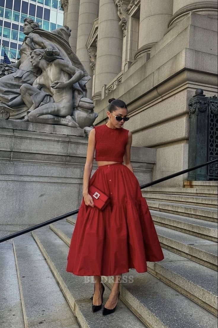 Two Piece Red Satin Ankle Length formal dresses Bridesmaid Dresses evening gown Prom Dress