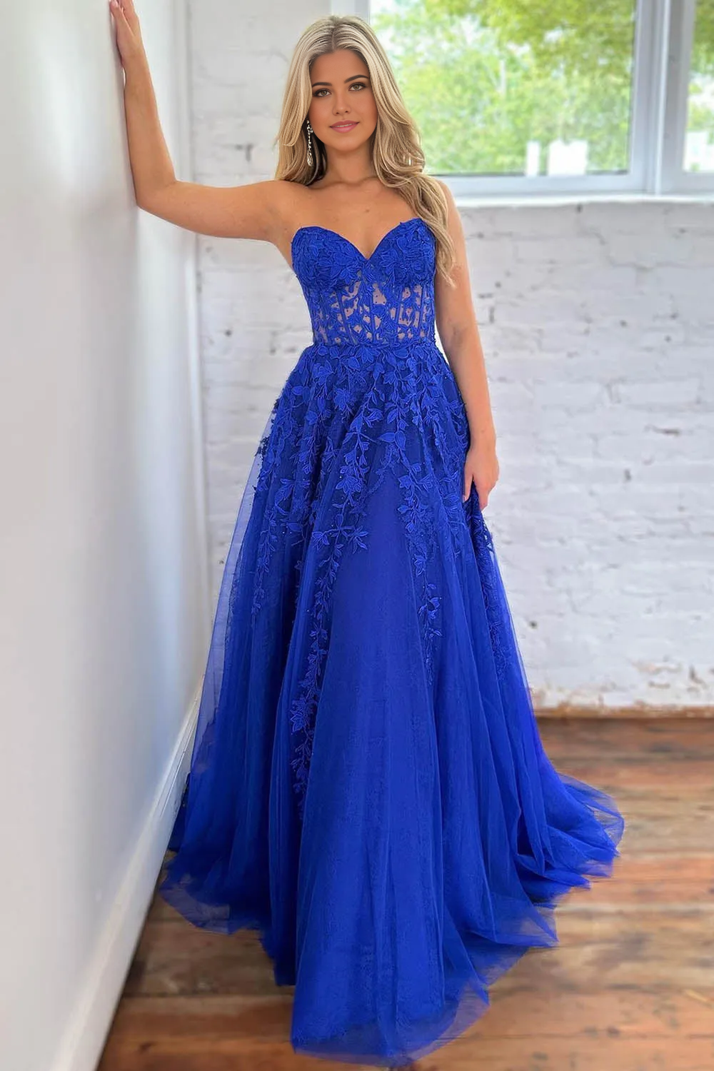 A-Line Sweetheart Long Tulle Royal Blue formal dresses evening gown Prom Dress With Appliques