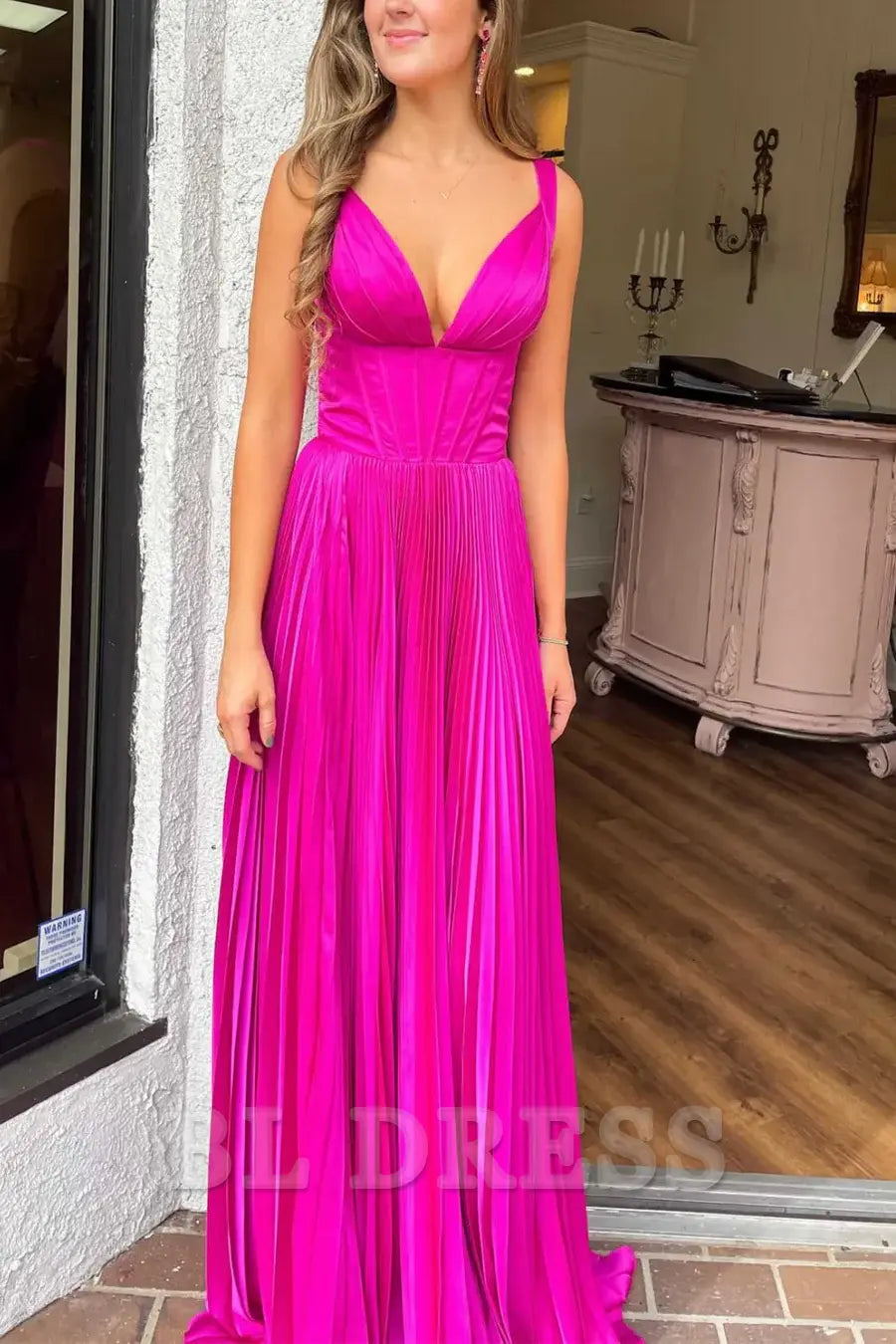 A-Line V-Neck Straps Pleated Empire-Waist Sleeveless Long formal dresses evening gown Prom Dress
