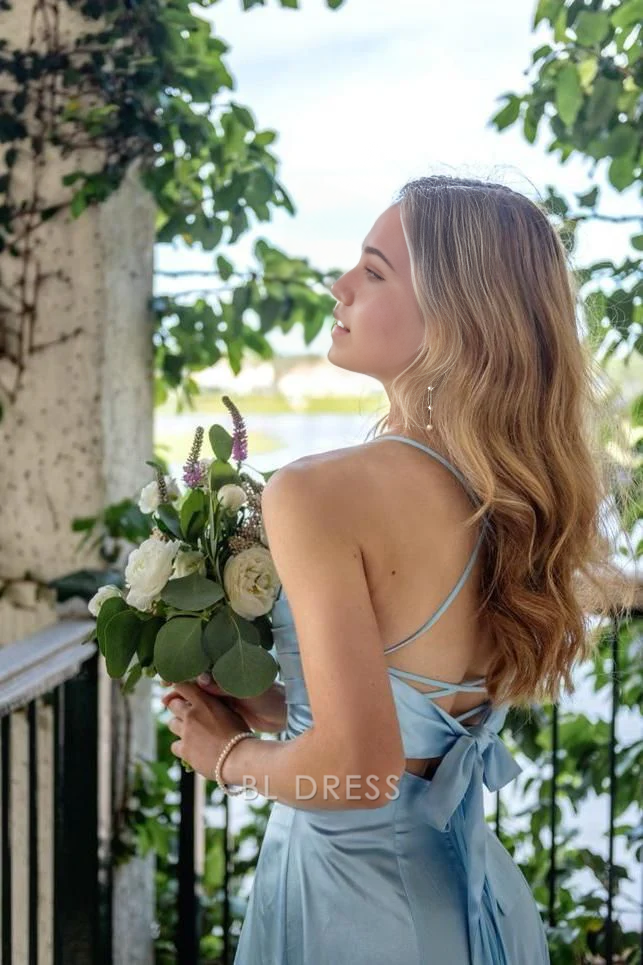 A line Straps Blue Satin formal dresses Bridesmaid Dresses evening gown Prom Dress