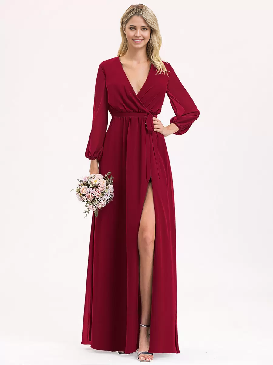 A-line V-Neck Long Sleeve Chiffon Ball Gown Floor-Length formal dresses Bridesmaid Dresses evening gown Prom Dress