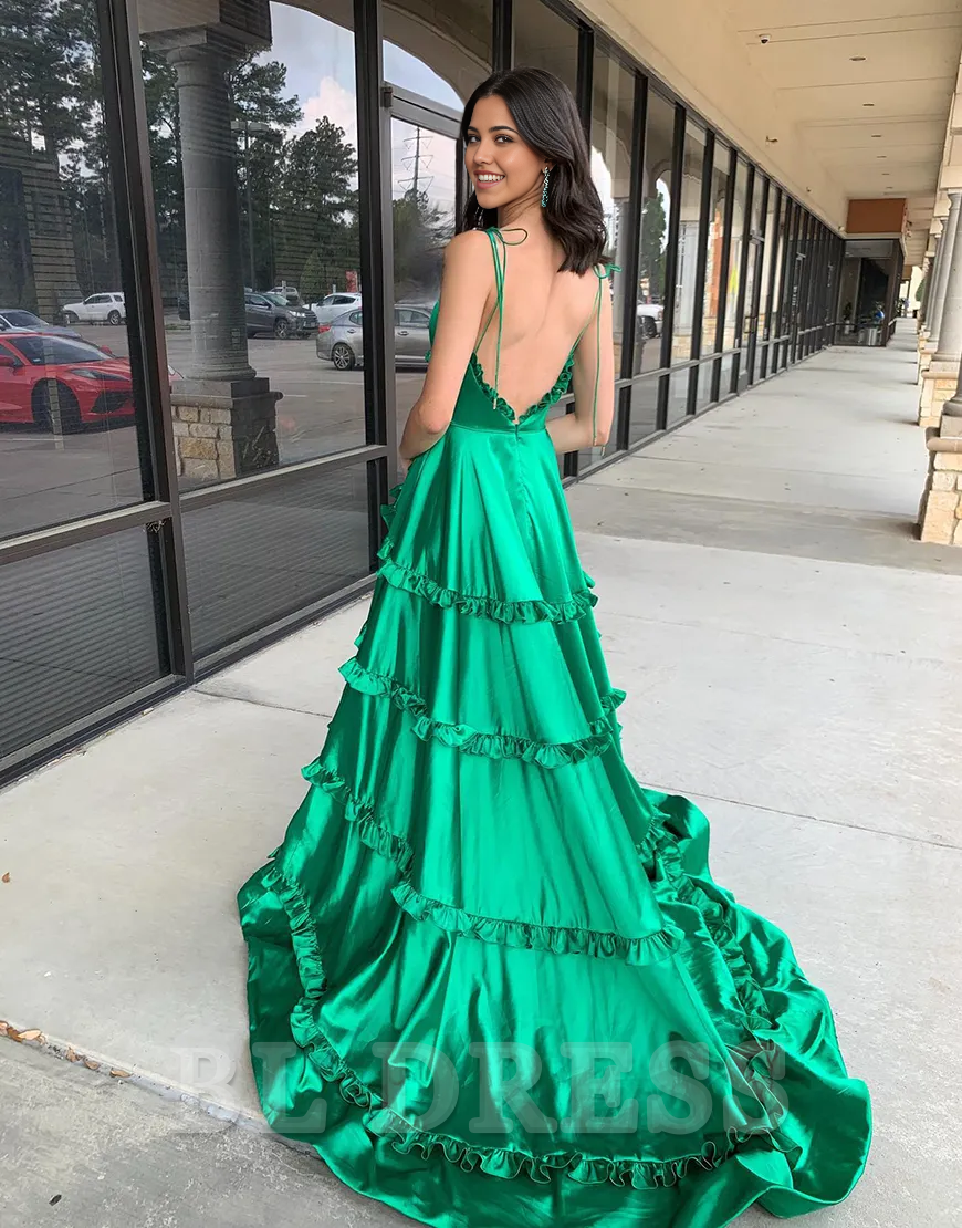 A-Line Spaghetti Straps Ruffles Satin Green Long formal dresses evening gown Prom Dress with Slit