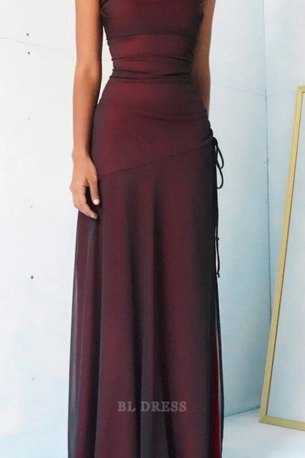 Sheath Spaghetti Straps Burgundy Long formal dresses Bridesmaid Dresses evening gown Prom Dress with Silt