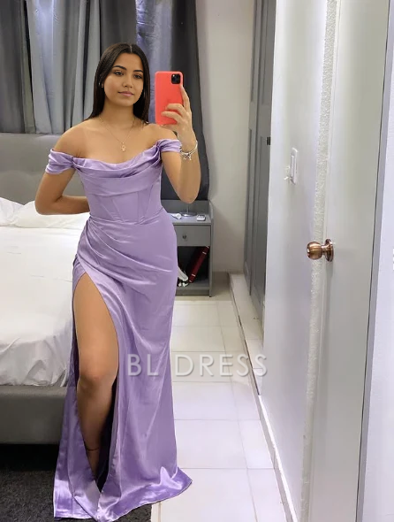 Mermaid Simple Off The Shoulder Satin Lilac formal dresses Bridesmaid Dresses evening gown Prom Dress