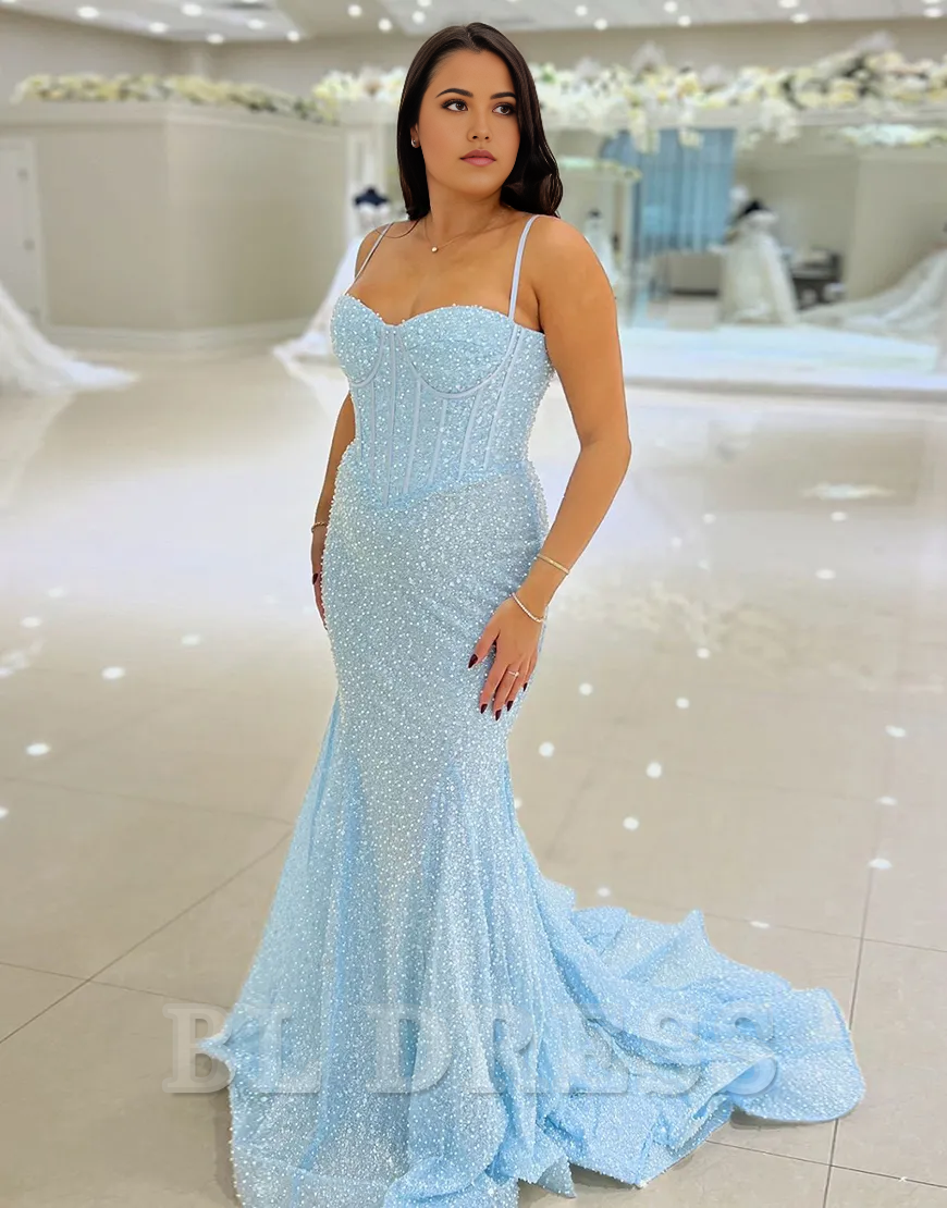 Mermaid Sparkly Sequins Spaghetti Straps Corset Pink Long formal dresses evening gown Prom Dress