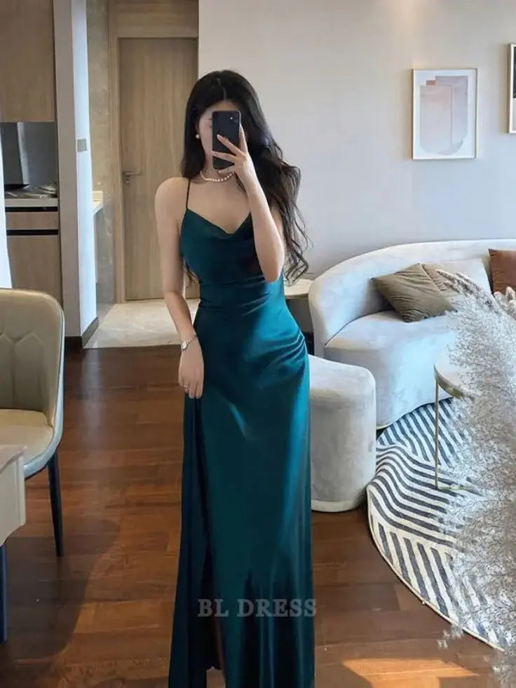 Mermaid Spaghetti Straps Green Satin Slit formal dresses Bridesmaid Dresses evening gown Prom Dress