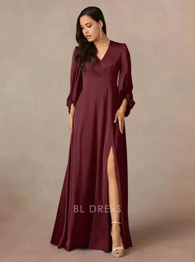 A-Line V-Neck 3/4 Length Sleeves Pleated Floor-Length Wedding Guest Dresses Mother of the Bride Dresse