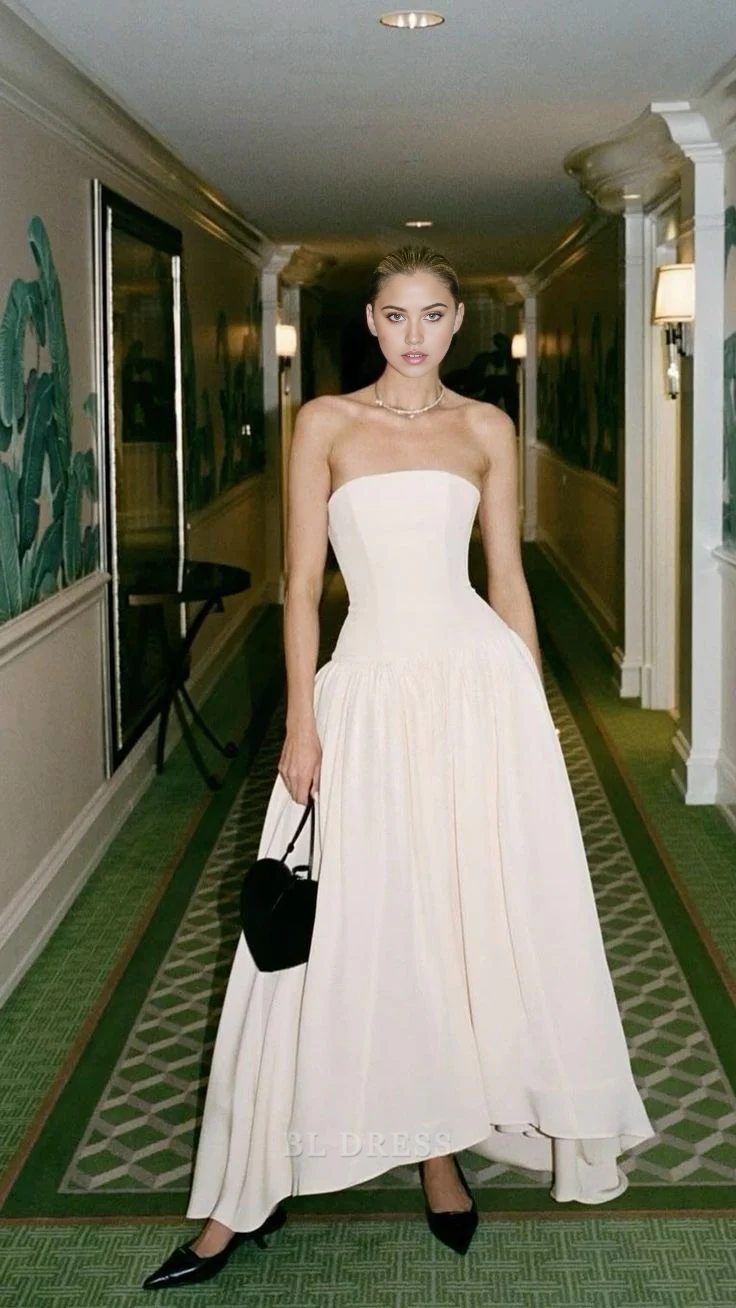 A Line Strapless Satin formal dresses Bridesmaid Dresses evening gown Prom Dress