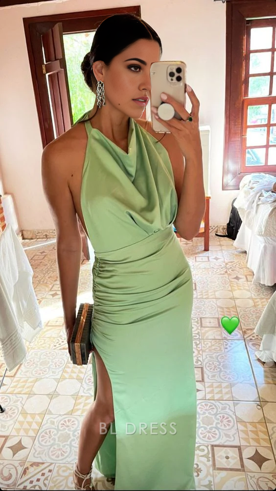 Sheath Halter Sexy Green formal dresses Bridesmaid Dresses evening gown Prom Dress With Split