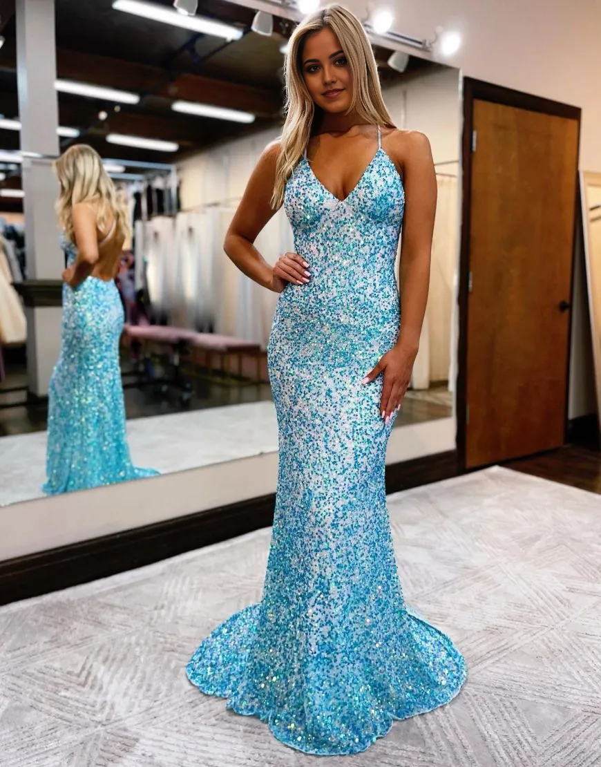 Mermaid Sparkly Sequin Open Back Long Glitter formal dresses evening gown Prom Dress