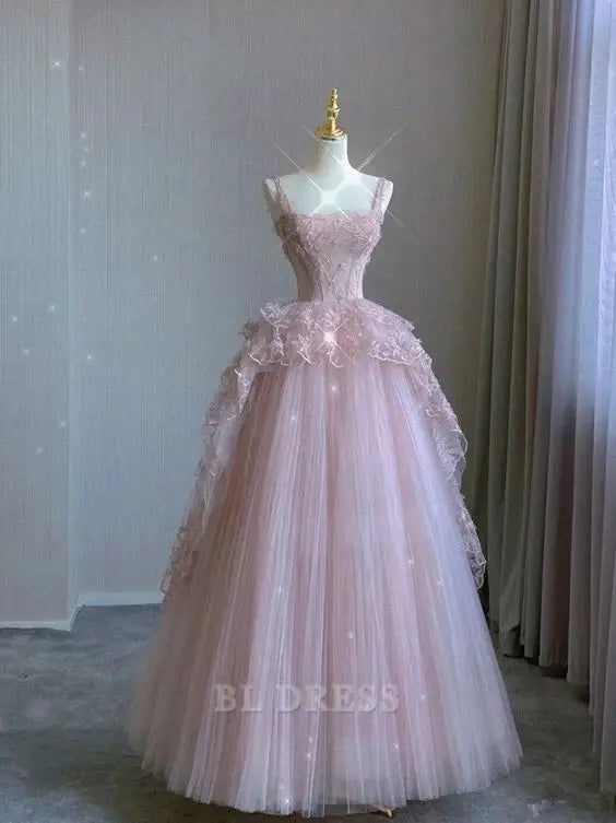 A-line Elegant tulle lace long pink formal dresses Bridesmaid Dresses evening gown Prom Dress