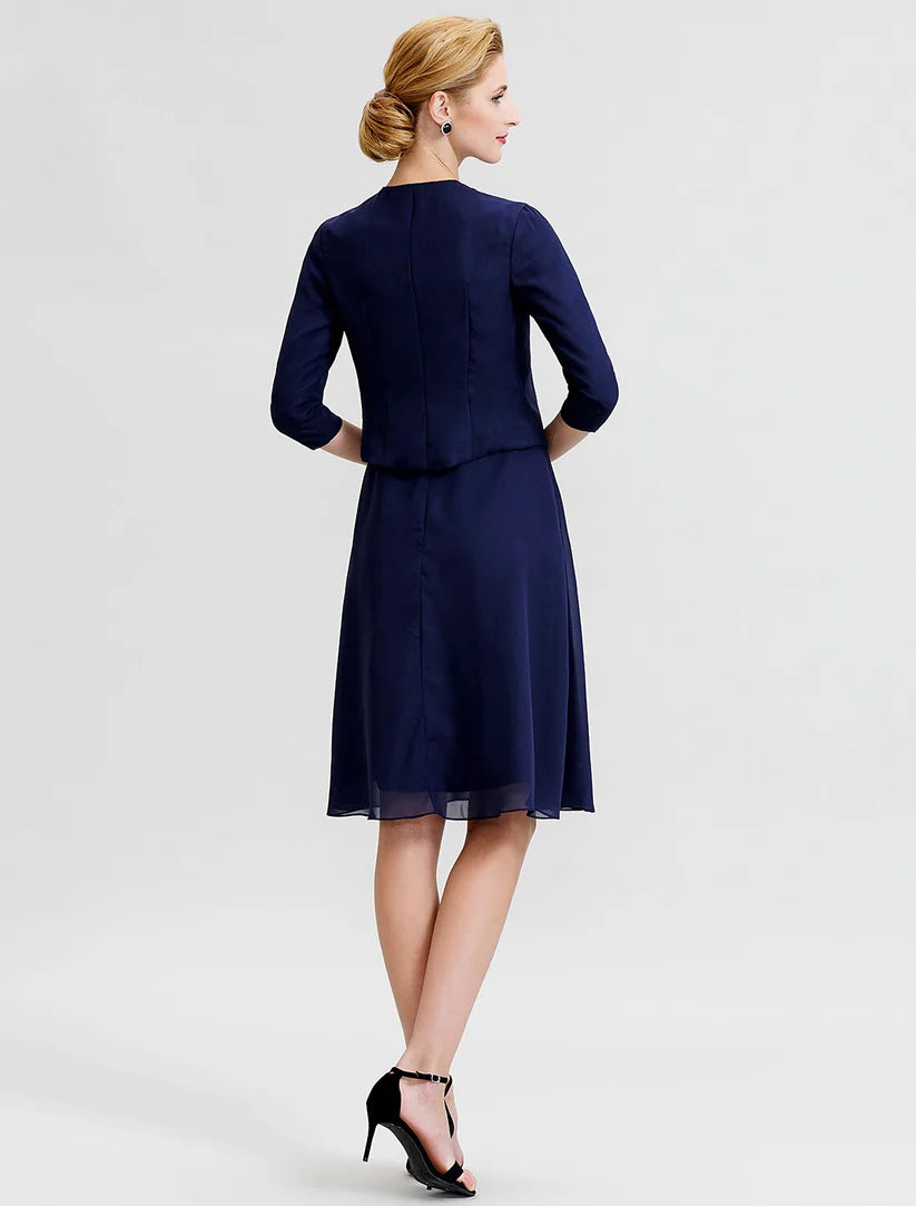 A-Line / Two Piece Jewel Neck Knee Length Chiffon / Corded Lace Mother of the Bride Dress with Sash