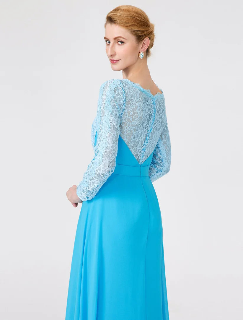 A-Line Ball Gown Scoop Neck Floor Length Chiffon Lace Mother of the Bride Dress with Sash