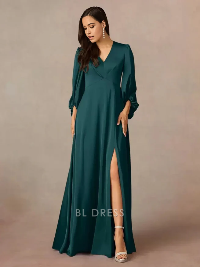 A-Line V-Neck 3/4 Length Sleeves Pleated Floor-Length Wedding Guest Dresses Mother of the Bride Dresse