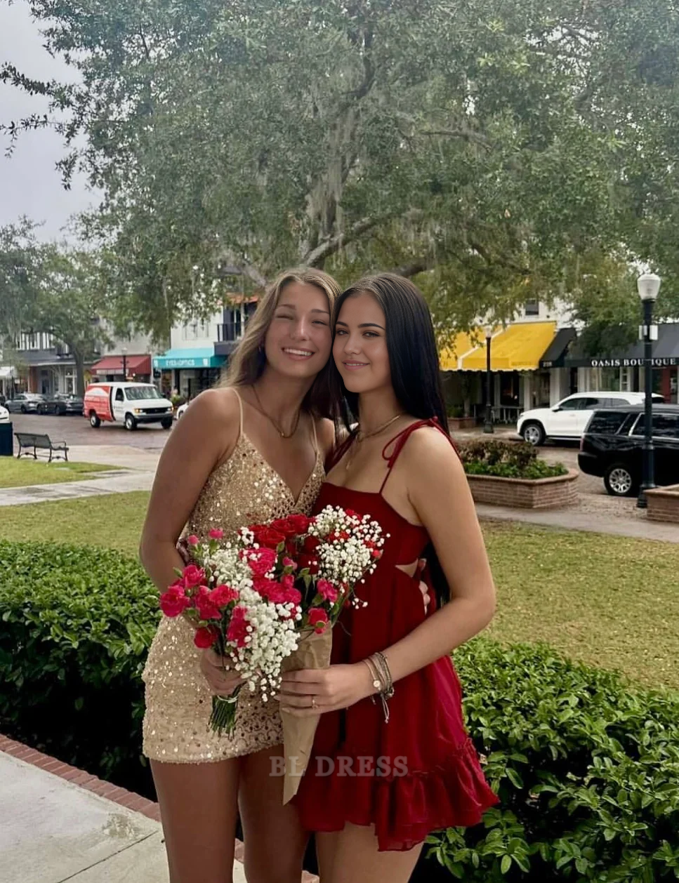 A-Linie Spaghettiträger Rot Satin Kurzes Homecoming-Kleid Abendkleider Brautjungfernkleider Abendkleid Ballkleid