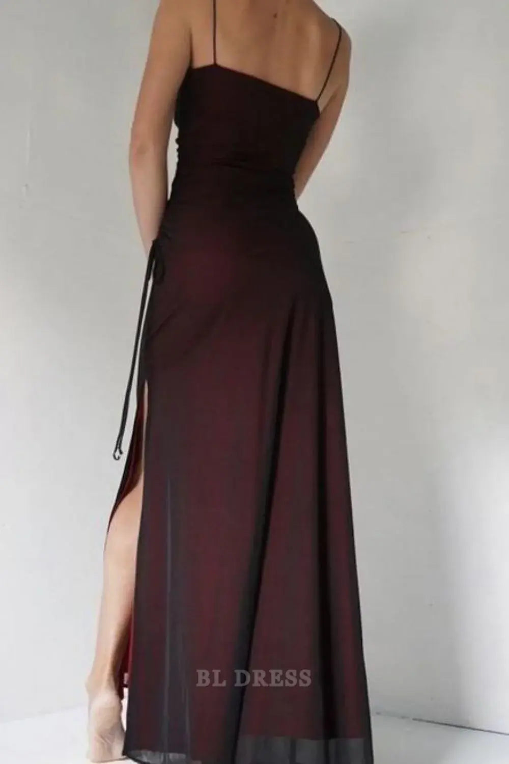 Sheath Spaghetti Straps Burgundy Long formal dresses Bridesmaid Dresses evening gown Prom Dress with Silt