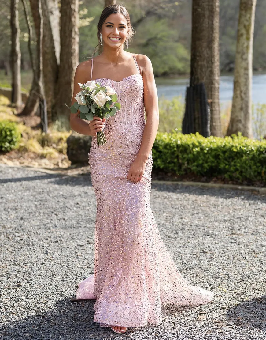 Mermaid Sparkly Sequins Spaghetti Straps Corset Pink Long formal dresses evening gown Prom Dress