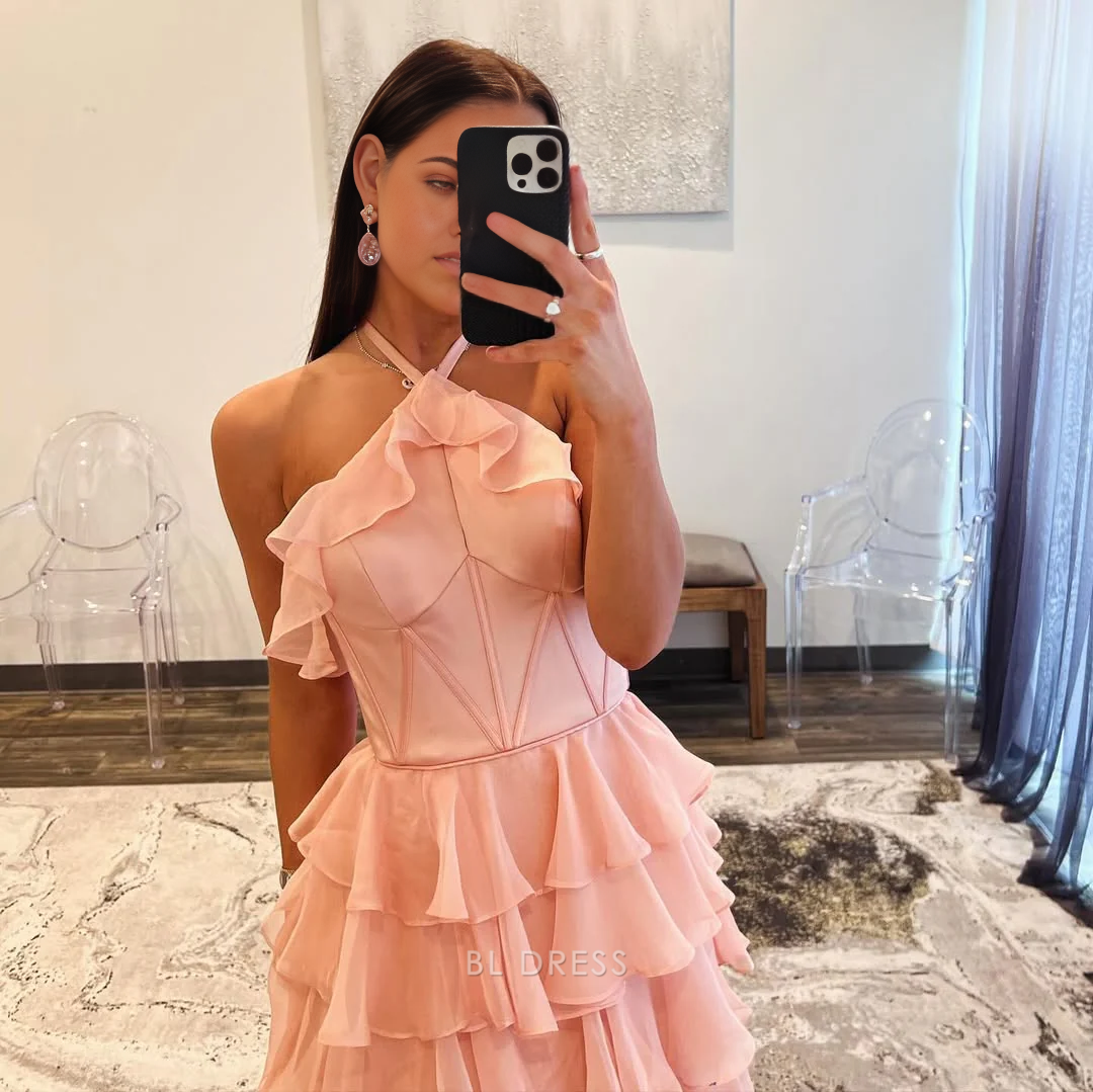A Line Halter Tiered Pink Long formal dresses Bridesmaid Dresses evening gown Prom Dress