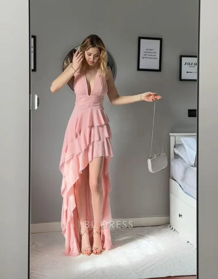 A-line Deep V Pink Tiered Chiffon Sexy formal dresses Bridesmaid Dresses evening gown Prom Dress