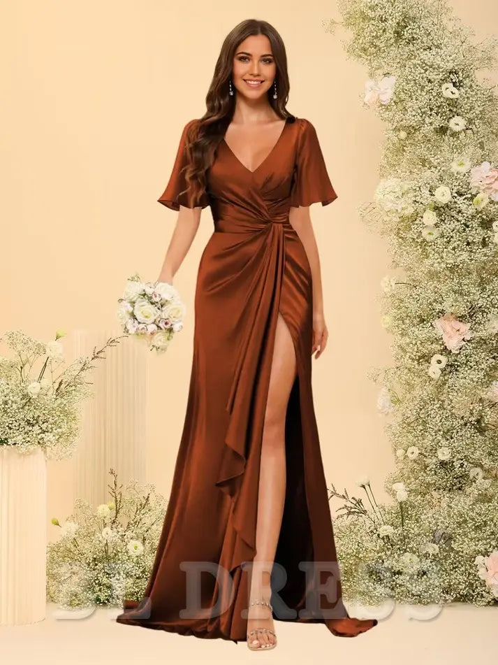 A-line V Neck Sleeves Long Ruched Satin formal dresses evening gown Prom Dress with Slit