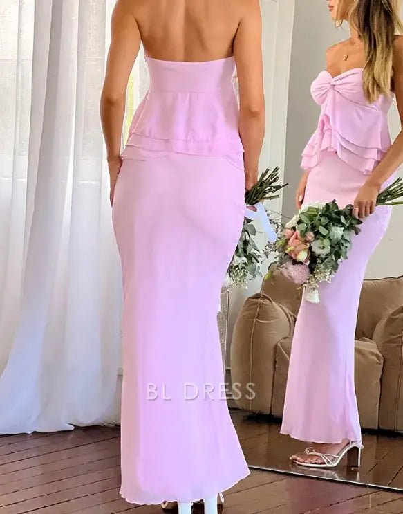 Sheath Sweetheart Neck Chiffon Ruffle Classy Pink Evening Dress Cute formal dresses Bridesmaid Dresses evening gown Prom Dress