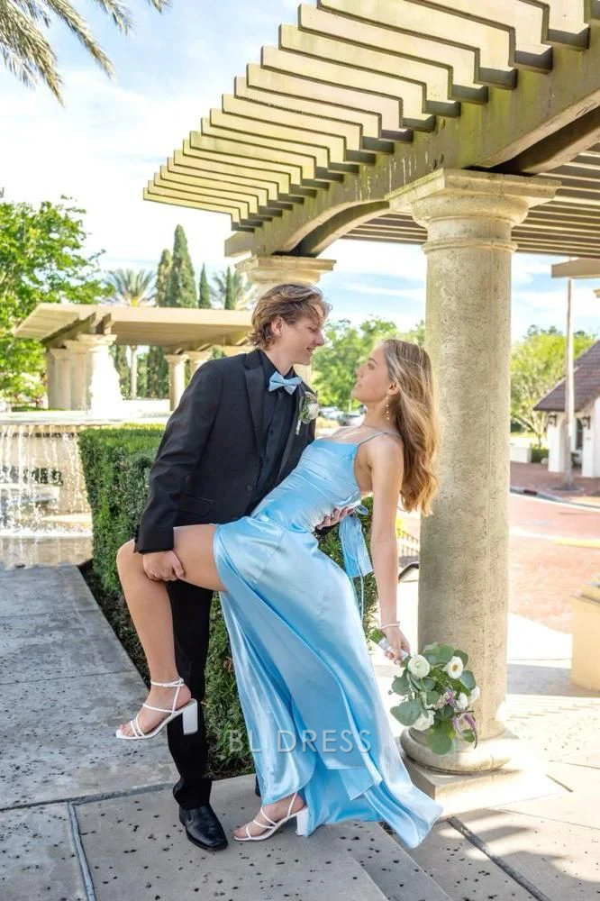 A line Straps Blue Satin formal dresses Bridesmaid Dresses evening gown Prom Dress