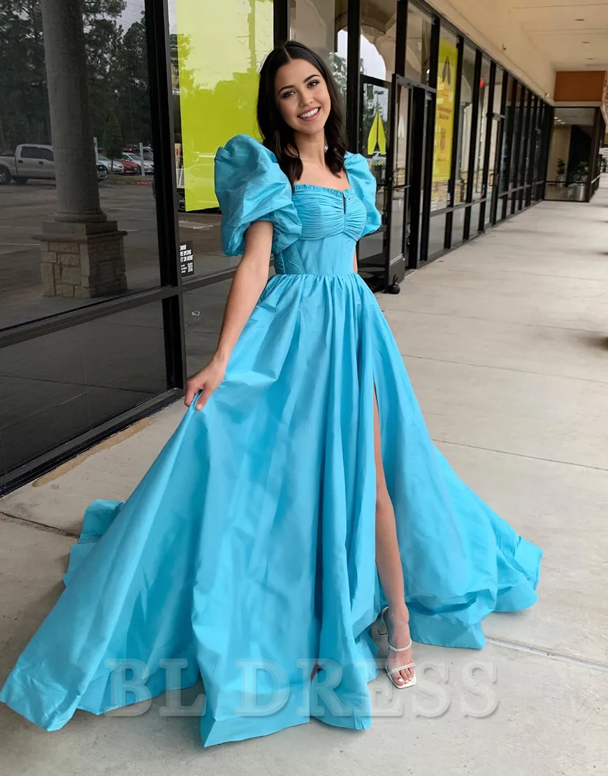 A-Line Puff Sleeves Bow Tie Back Blue Long formal dresses evening gown Prom Dress with Slit