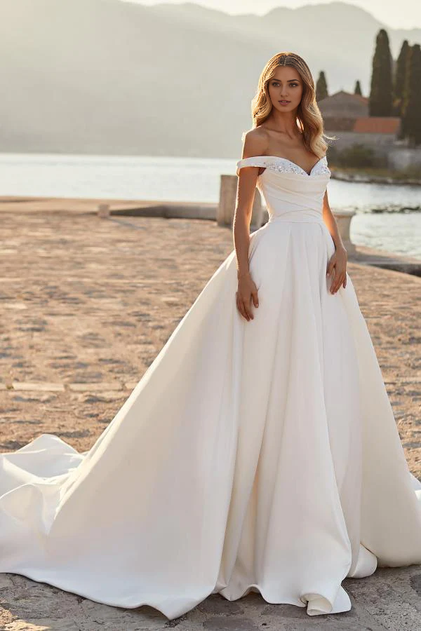A-line off the Shoulder Ruched Satin Long Wedding Dress with Crystals
