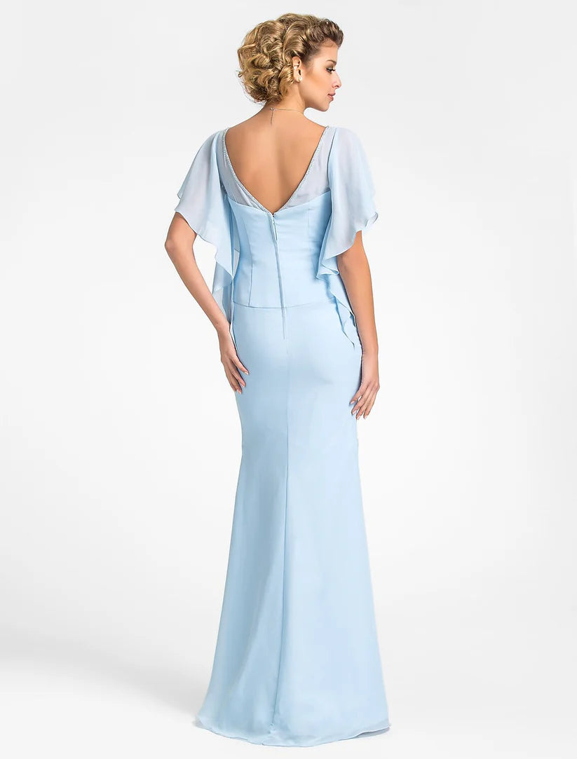 Mermaid / Trumpet Mother of the Bride Dress Vintage Inspired V Neck Floor Length Chiffon Short Sleeve with Beading Side Draping Crystal Brooch