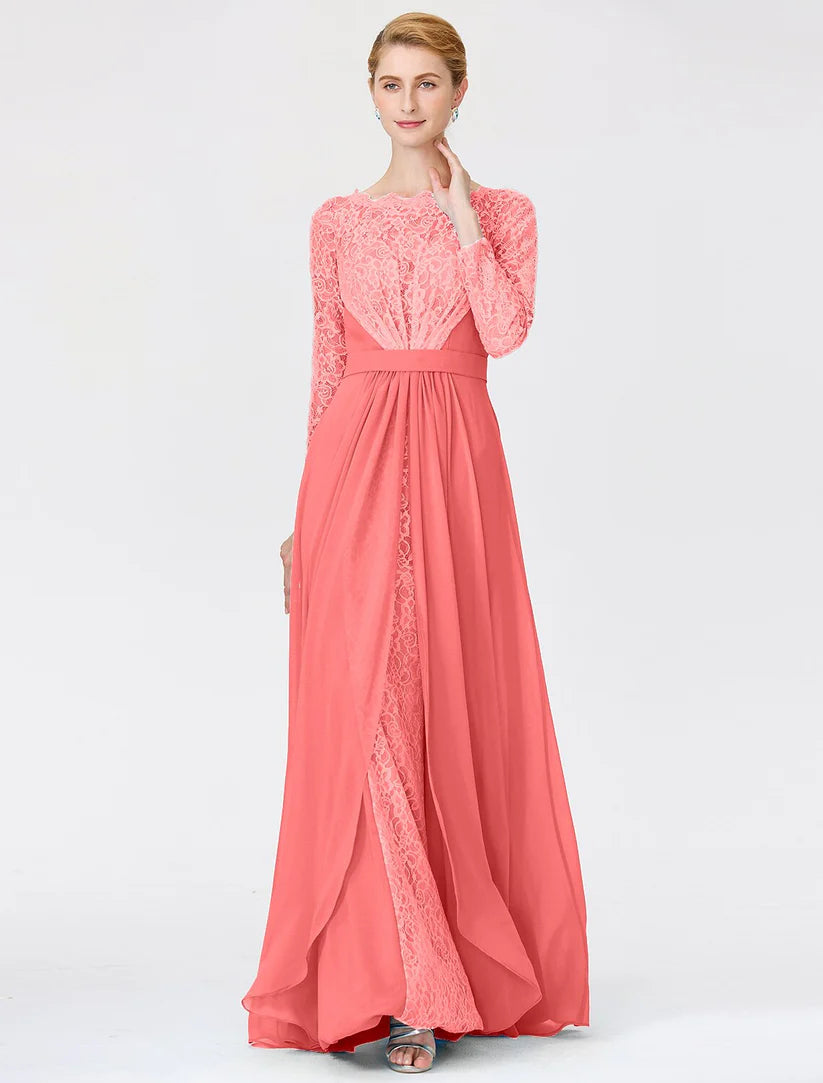 A-Line Ball Gown Scoop Neck Floor Length Chiffon Lace Mother of the Bride Dress with Sash