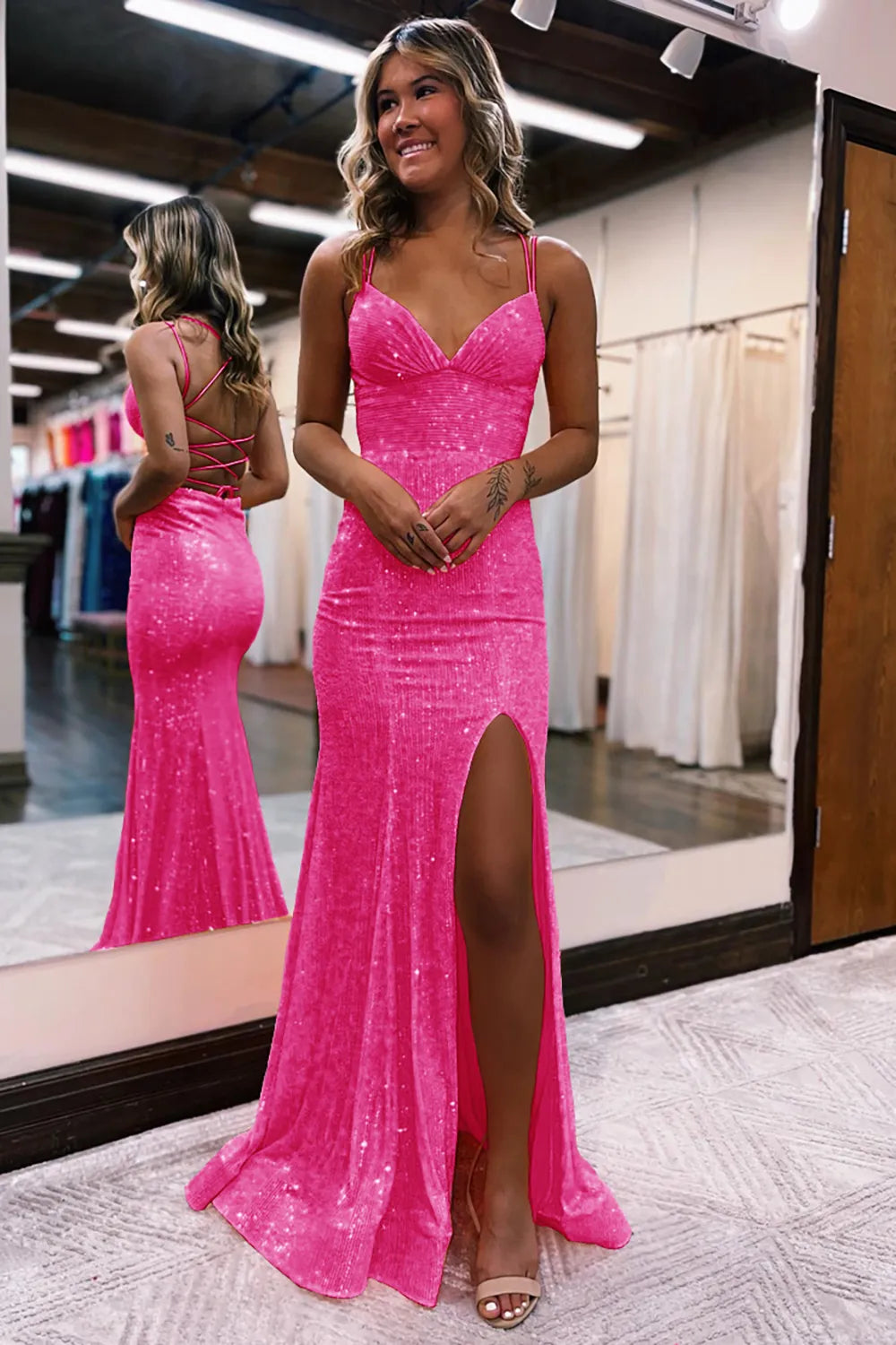 Mermaid Spaghetti Straps Sequins Long Prom Dress with Split Front