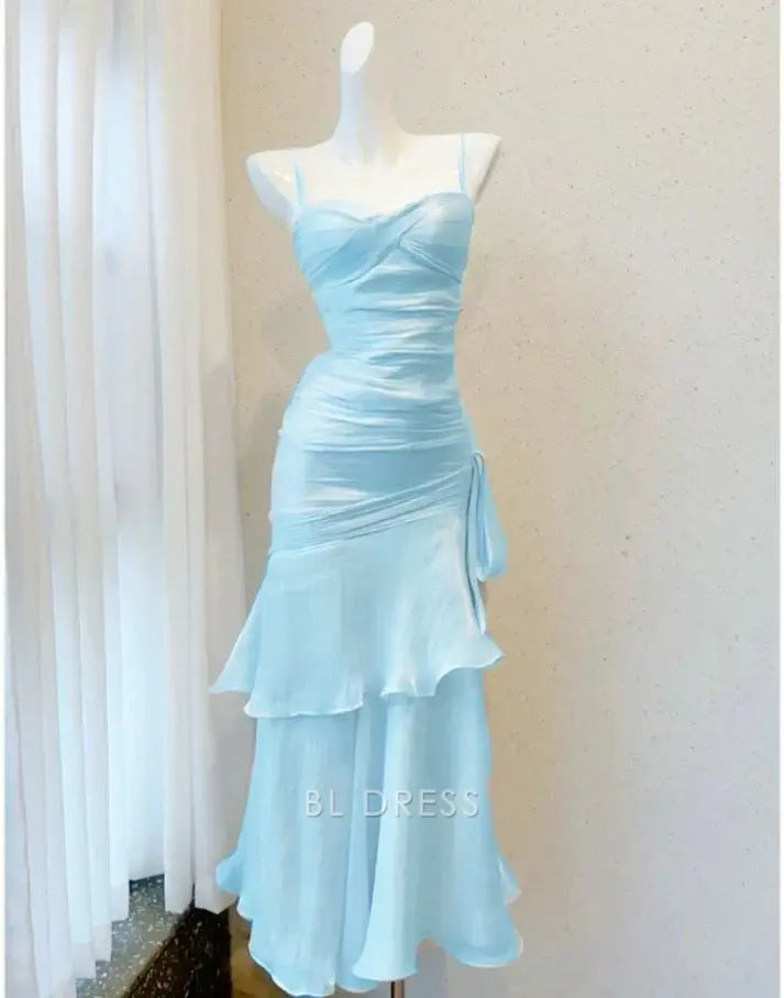 Mermaid Elegant Spaghetti Straps Layered Blue formal dresses Bridesmaid Dresses evening gown Prom Dress