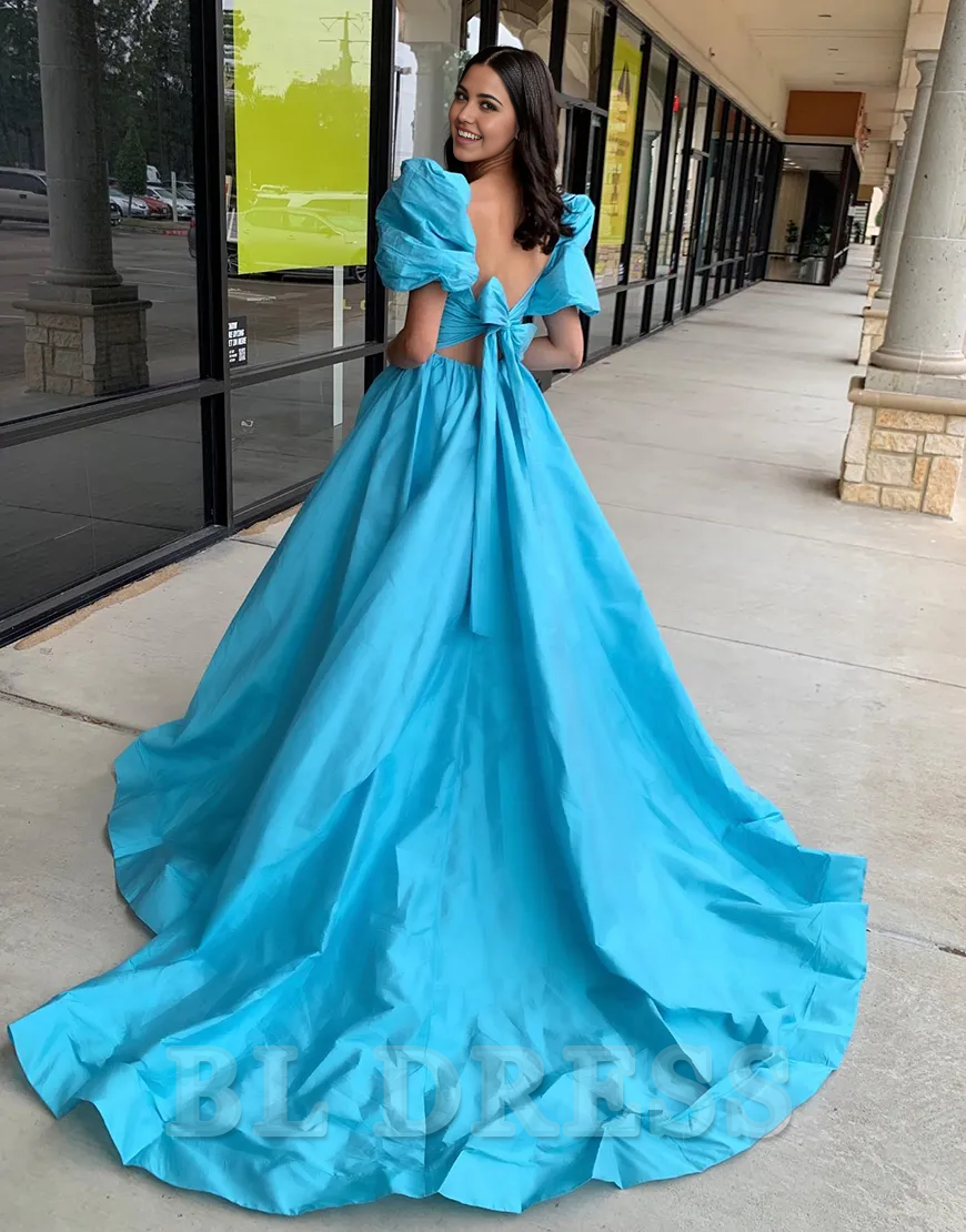 A-Line Puff Sleeves Bow Tie Back Blue Long formal dresses evening gown Prom Dress with Slit