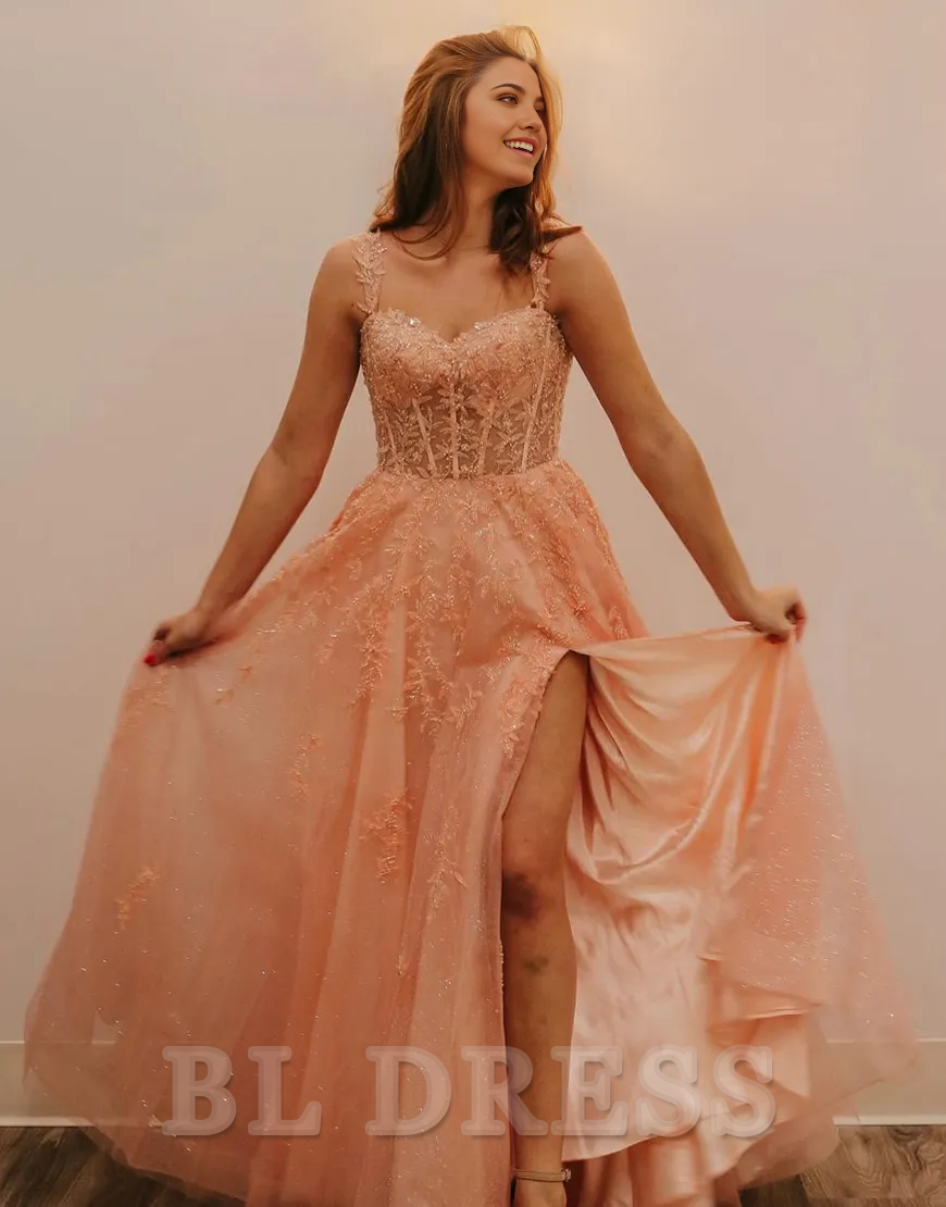 A-Line Spaghetti Straps Appliques formal dresses evening gown Prom Dress With Beading