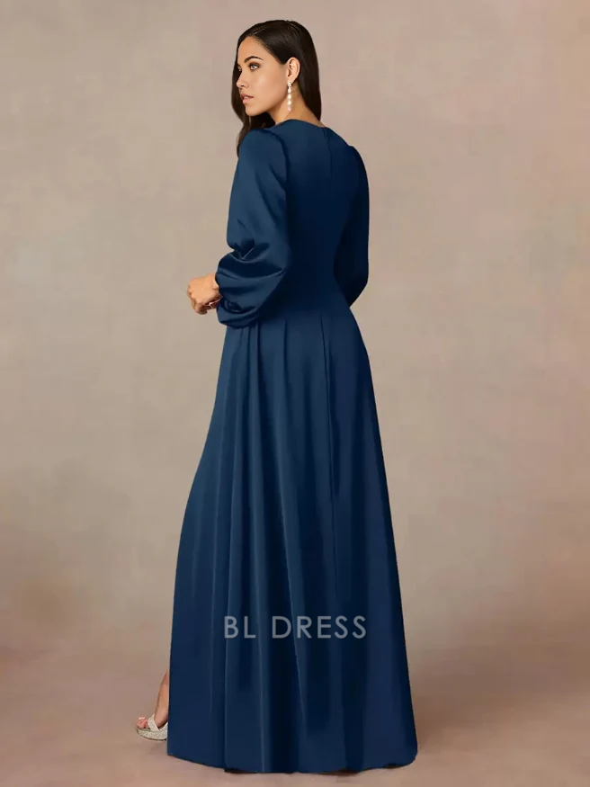 A-Line V-Neck 3/4 Length Sleeves Pleated Floor-Length Wedding Guest Dresses Mother of the Bride Dresse