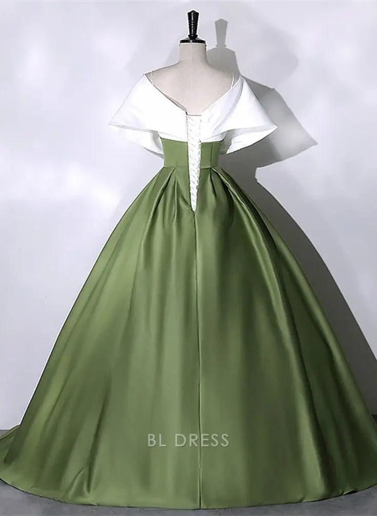 A-line Green and White Satin Long formal dresses Bridesmaid Dresses evening gown Prom Dress