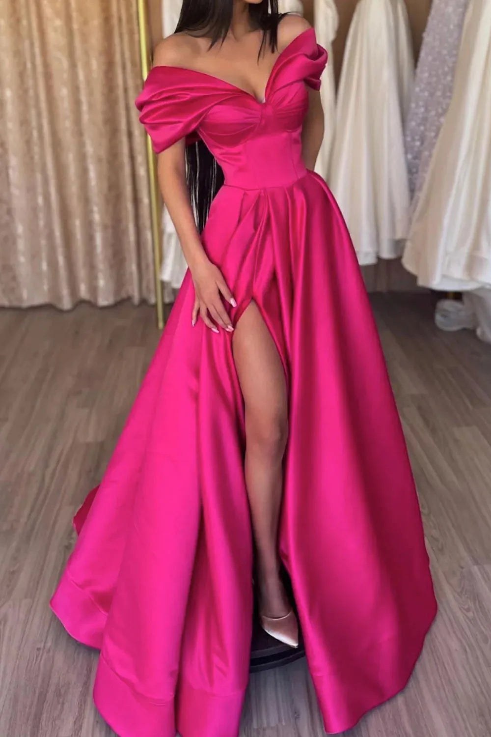 A Line Off the Shoulder Long Prom Dress with Split Front