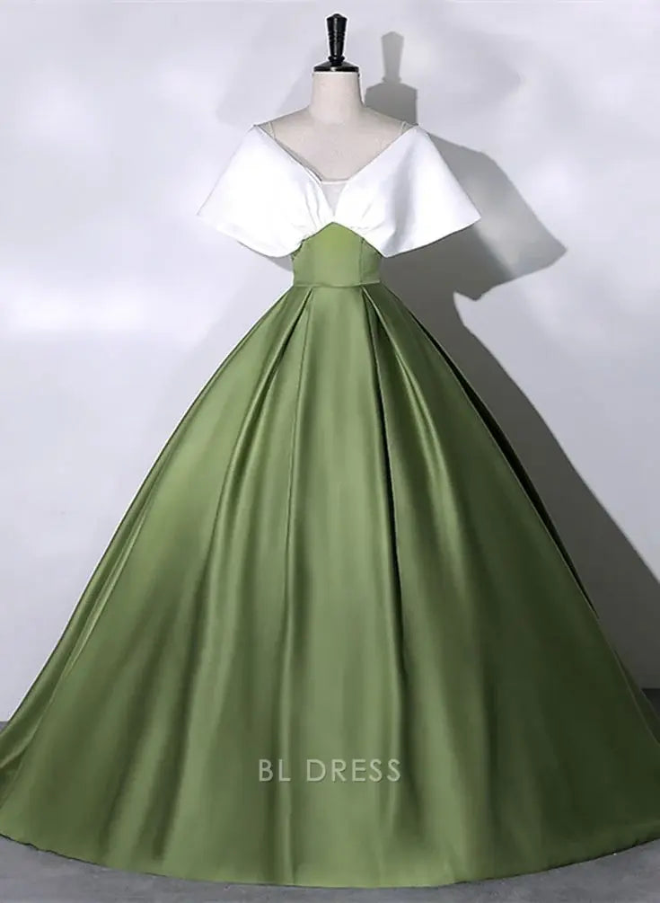 A-line Green and White Satin Long formal dresses Bridesmaid Dresses evening gown Prom Dress